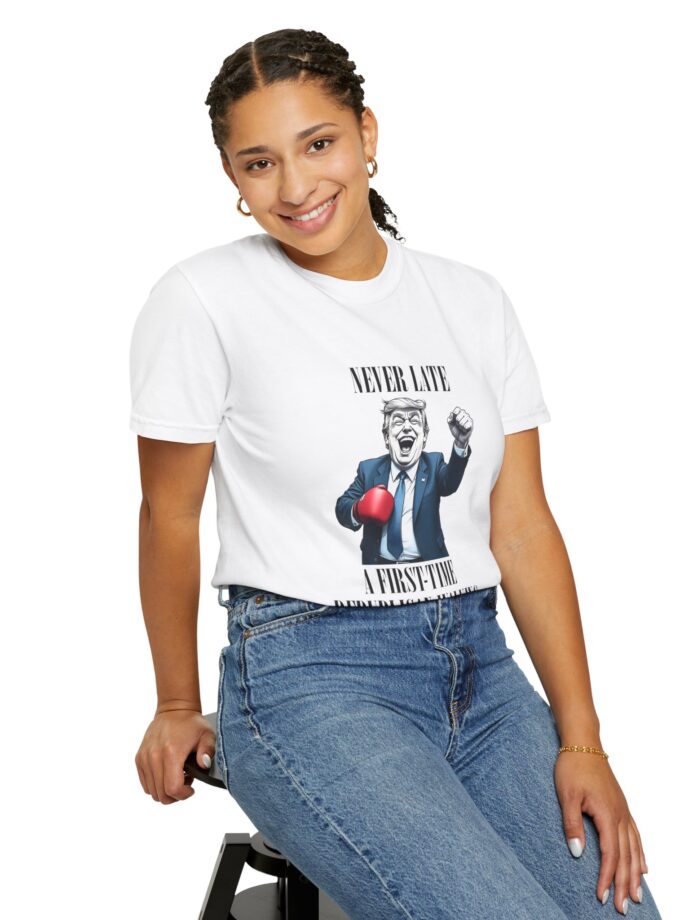 Funny Political Humor Unisex T-Shirt - 'Never Late, A First-Time Republican Walking'