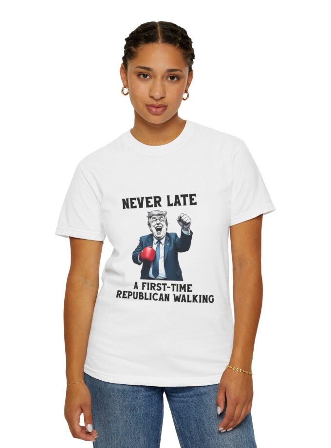 Funny Political Unisex T-Shirt - 'Never Late: A First-Time Republican Walking'