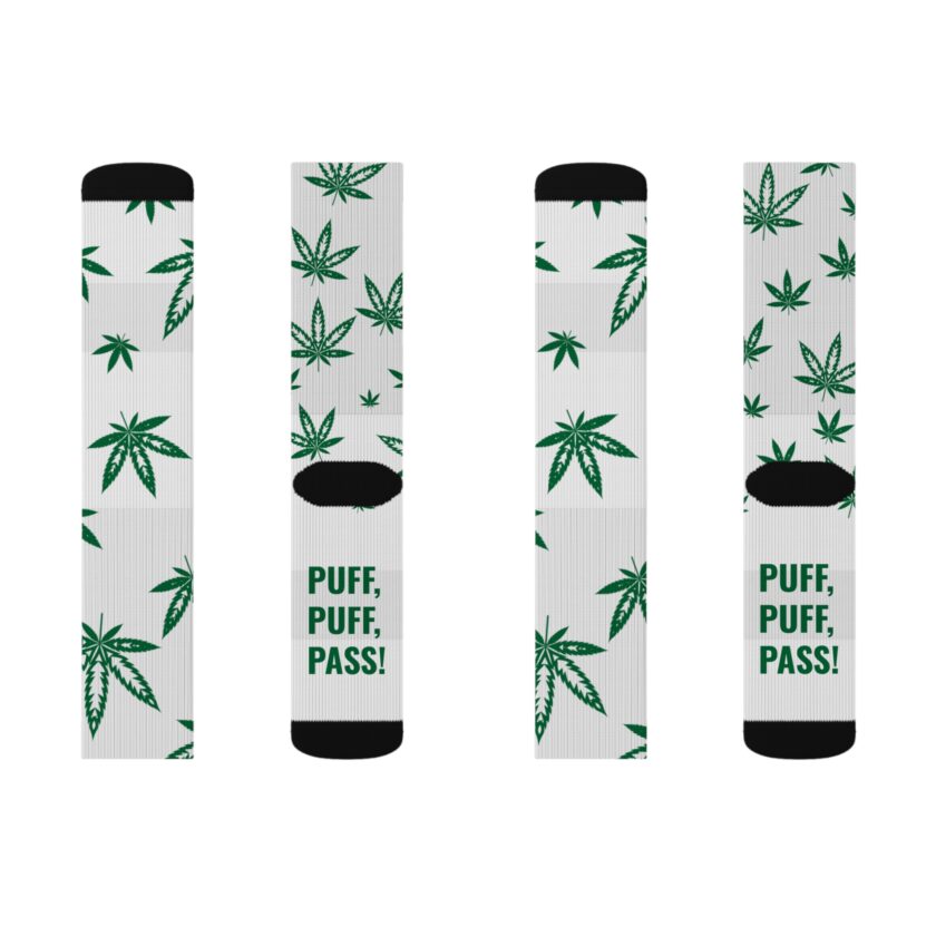 Puff Puff Pass Sublimation Socks - Stylish Green Leaf Design for Cannabis Lovers - Image 2