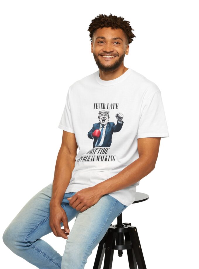 Funny Political Humor Unisex T-Shirt - 'Never Late, A First-Time Republican Walking'